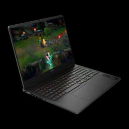 HP OMEN Slim Gaming 16 1TB negro, ángulo lateral izquierdo: pantalla con LoL, teclado RGB y logo O16 en el reposamanos