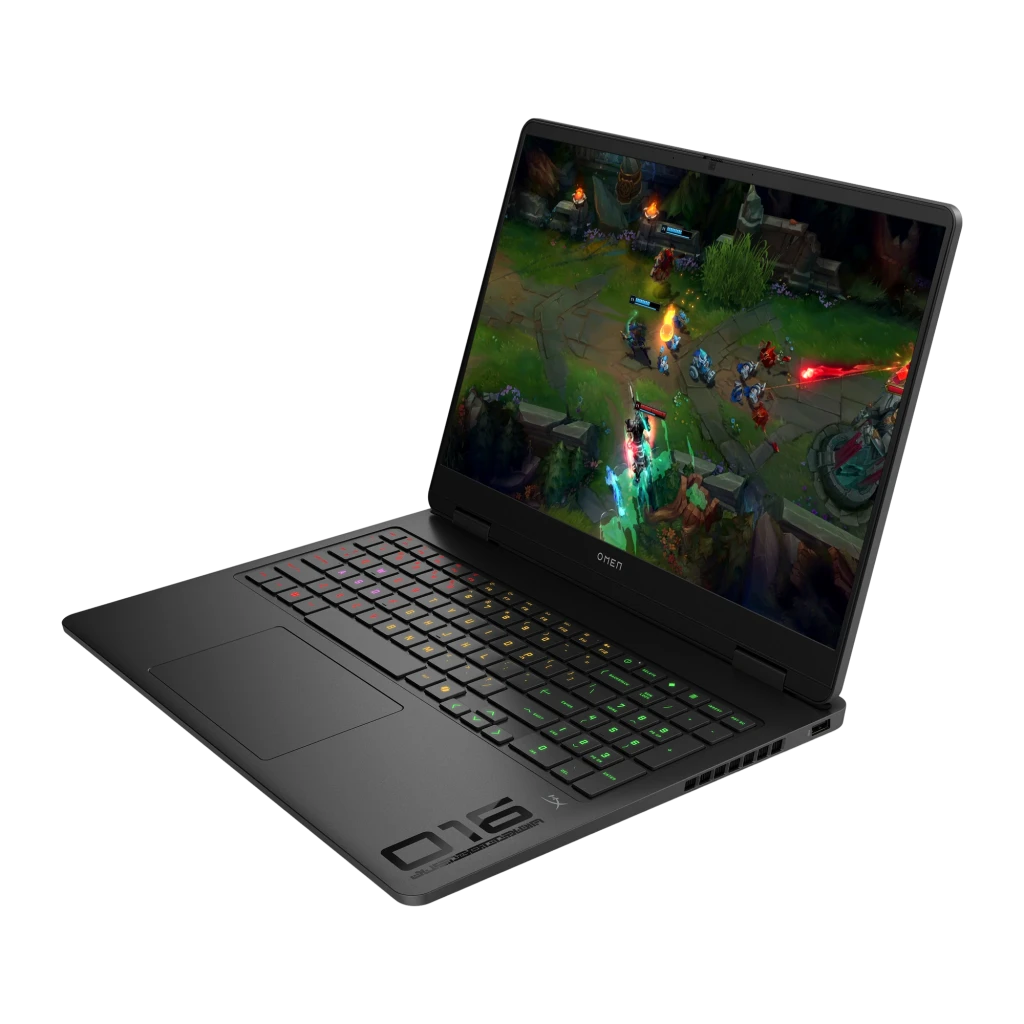 HP OMEN Slim Gaming 16 1TB preto, vista frontal: ecrã com League of Legends e teclado RGB retroiluminado - Item3