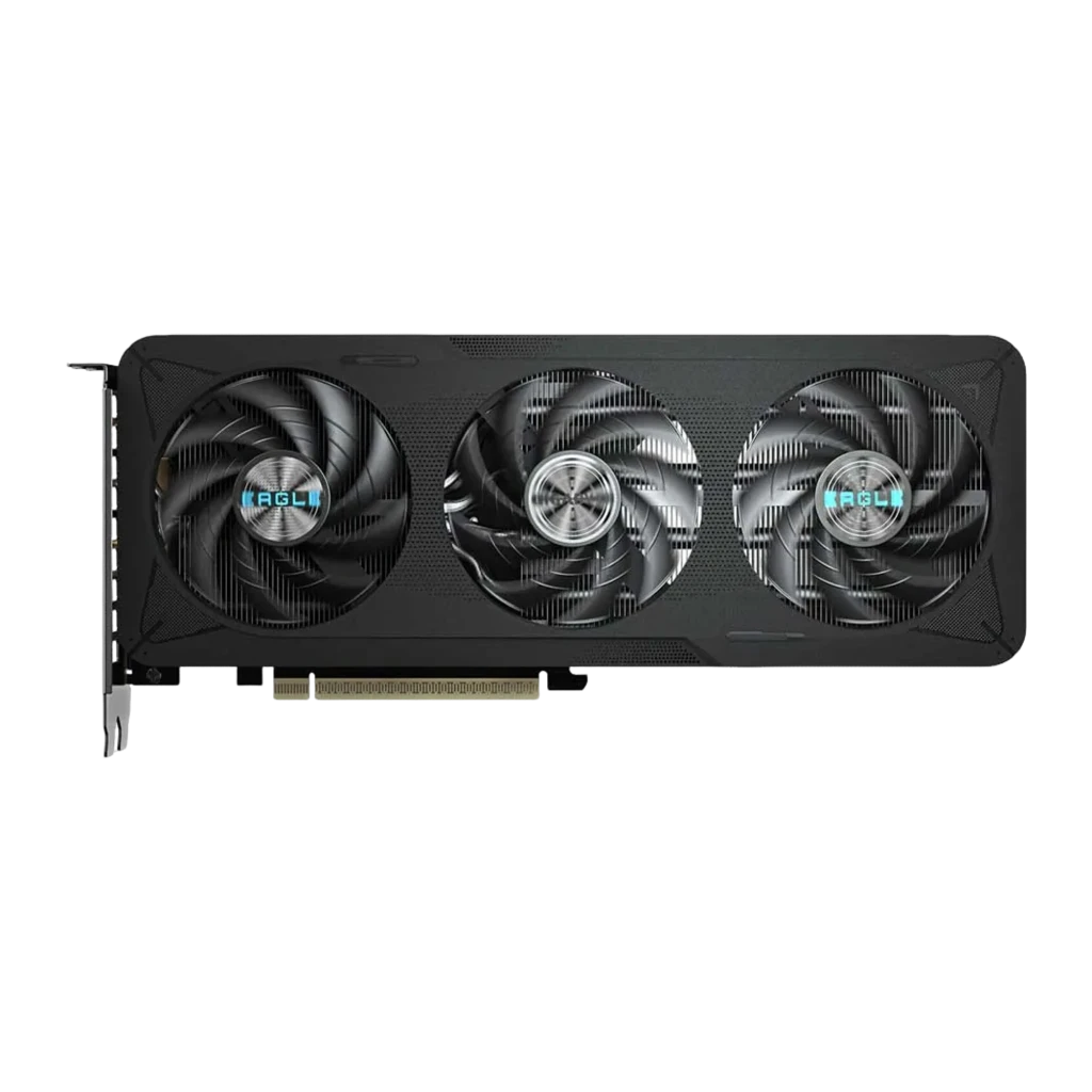 Gigabyte GeForce RTX 5060 Ti Eagle MAX OC 16GB negro, producto y caja: tarjeta con triple ventilador y bracket junto a su - Ítem1