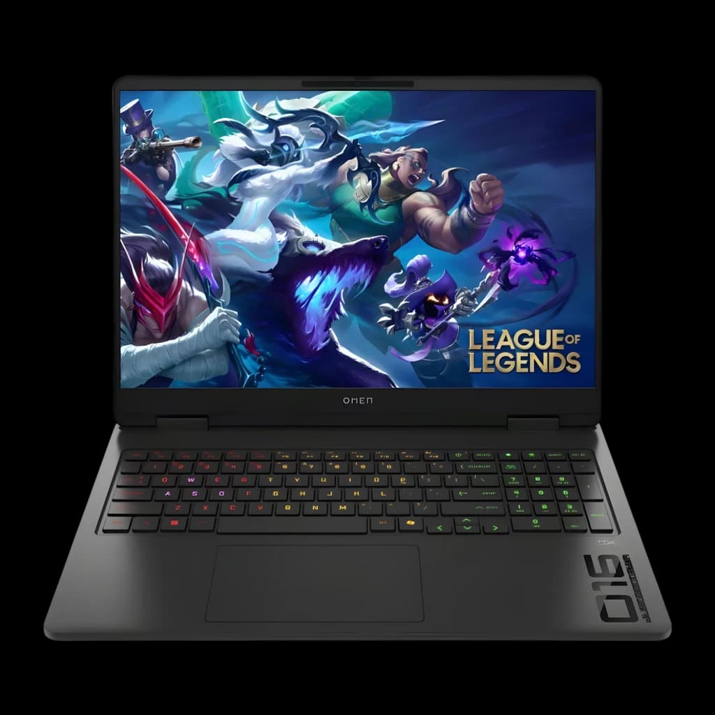 HP OMEN 16 1TB Noir, vue de face ouverte: écran League of Legends, clavier RGB et logo OMEN 16