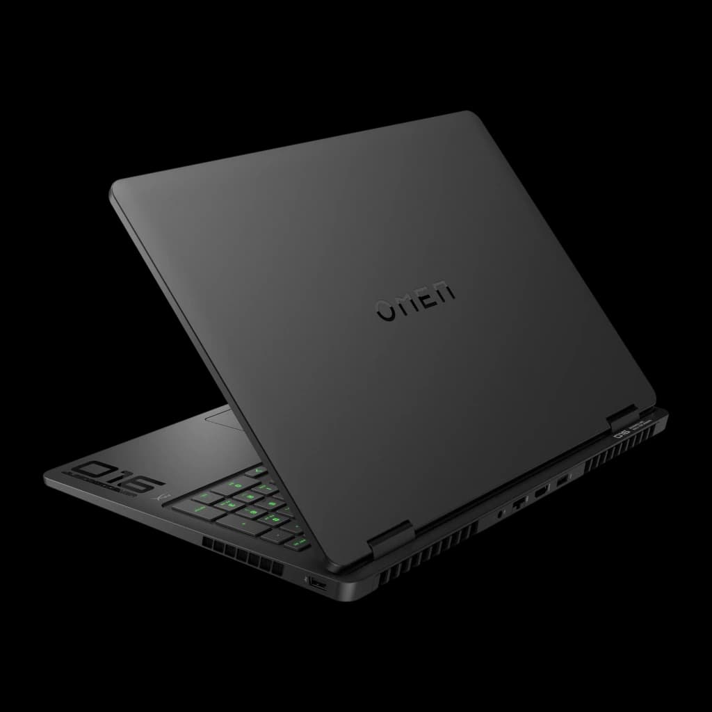 HP OMEN 16 1TB Noir, vue arrière: couvercle avec logo OMEN, grilles de ventilation et clavier RGB partiellement visible