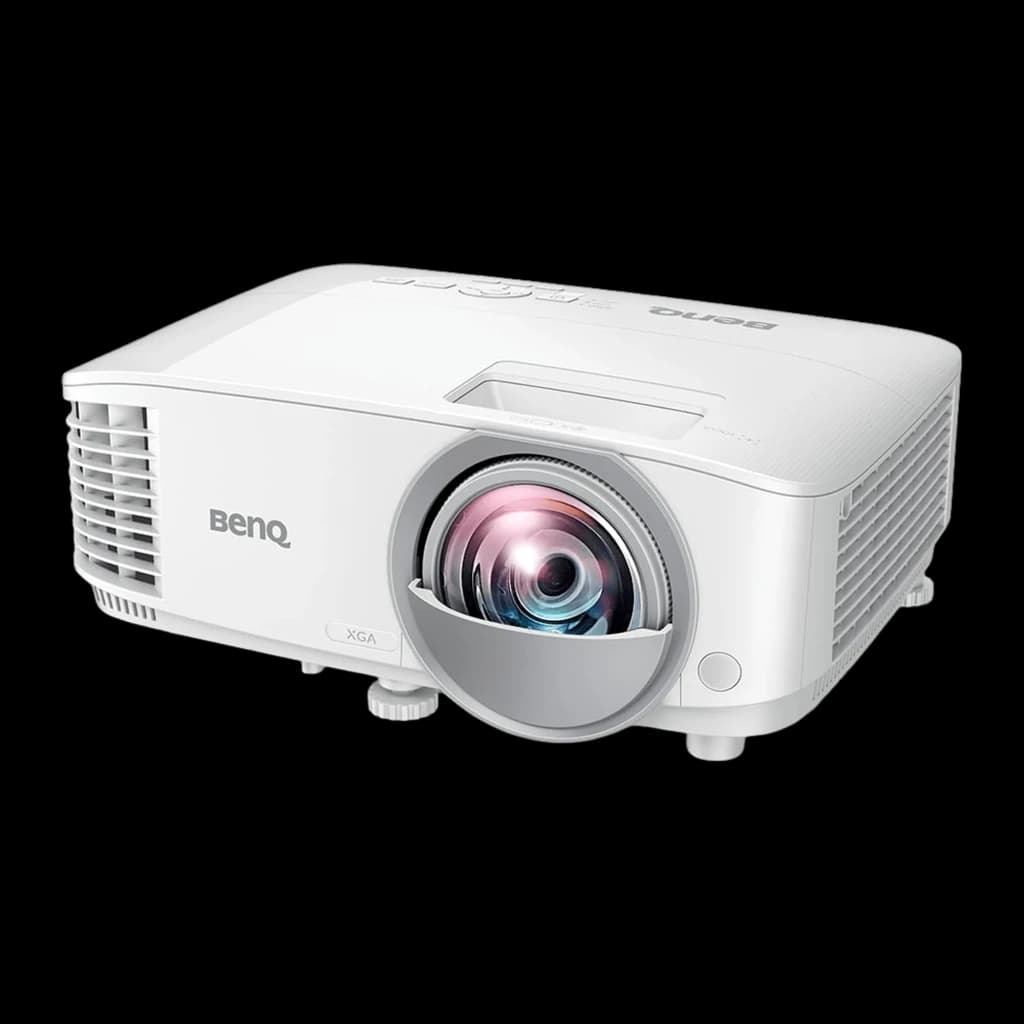 BenQ MX808STH XGA 3600lm branco, vista frontal esquerda: lente curta distância, grades de ventilação e logo BenQ