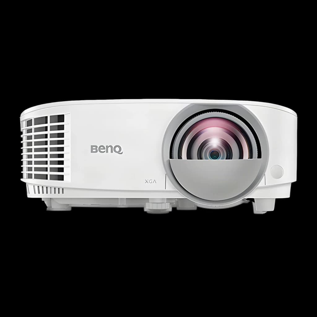 BenQ MX808STH XGA 3600lm branco, vista frontal: objetiva grande angular, grelha de ventilação e logótipo BenQ