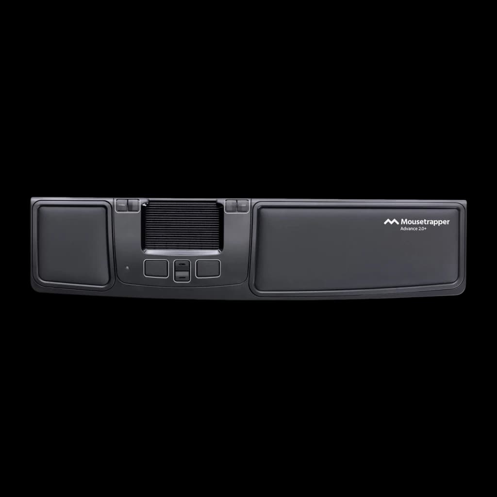 Mousetrapper Advance 2.0+ Negro, vista superior: trackpad central, apoyamuñecas y botones visibles