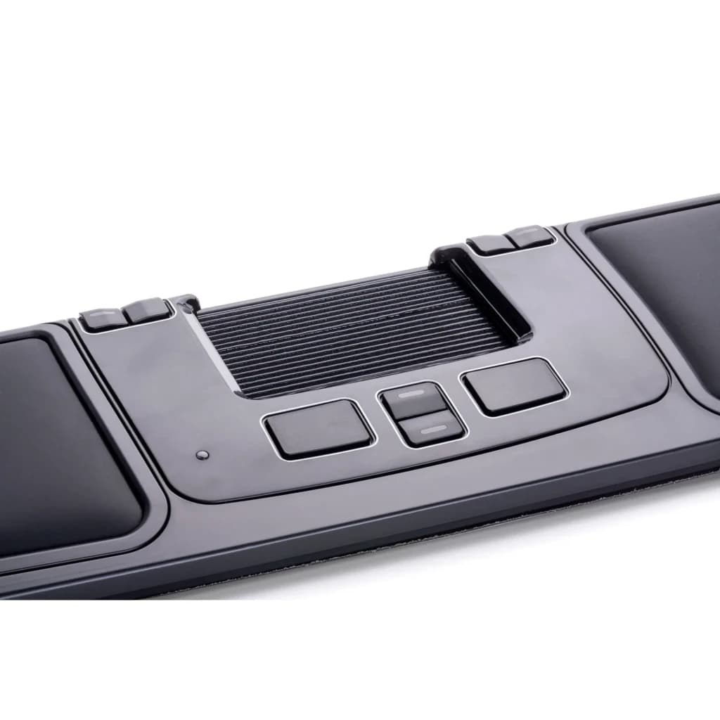 Mousetrapper Advance 2.0+ Negro, vista lateral en ángulo: trackpad central estriado, botones y almohadillas laterales