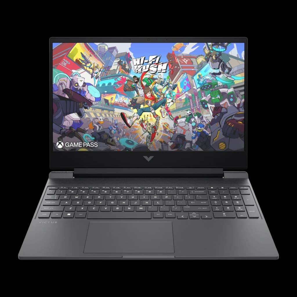 HP Victus Gaming 512GB negro, vista frontal: pantalla con Hi-Fi Rush Game Pass, teclado completo y logo Victus