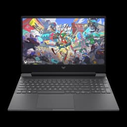 HP Victus Gaming 512GB negro, vista frontal: pantalla con Hi-Fi Rush Game Pass, teclado completo y logo Victus