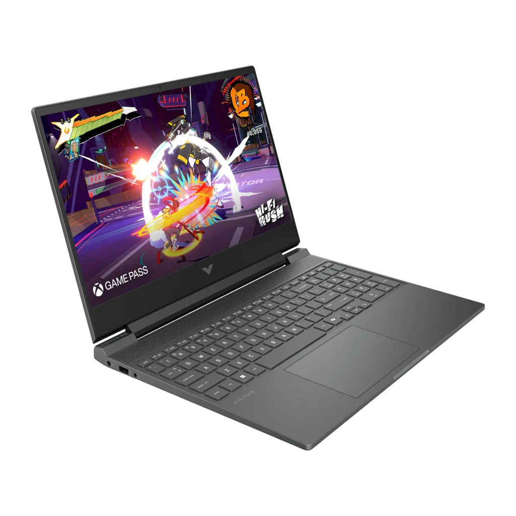 HP Victus Gaming 512GB noir, vue de face: écran Hi-Fi Rush Game Pass, clavier complet et logo Victus - Ítem1