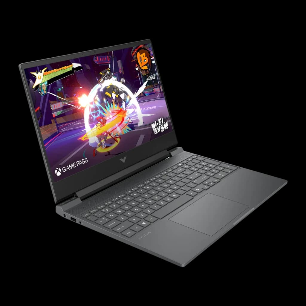 HP Victus Gaming 512GB negro, vista lateral derecha: ángulo tres cuartos, pantalla Hi-Fi Rush y puertos laterales visibles