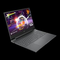 HP Victus Gaming 512GB negro, vista lateral derecha: ángulo tres cuartos, pantalla Hi-Fi Rush y puertos laterales visibles