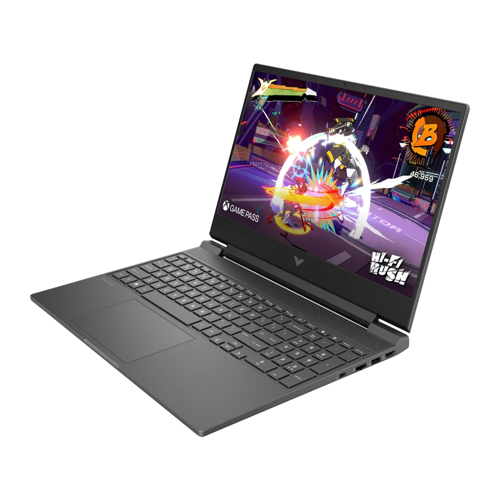 HP Victus Gaming 512GB noir, vue de face: écran Hi-Fi Rush Game Pass, clavier complet et logo Victus - Ítem3