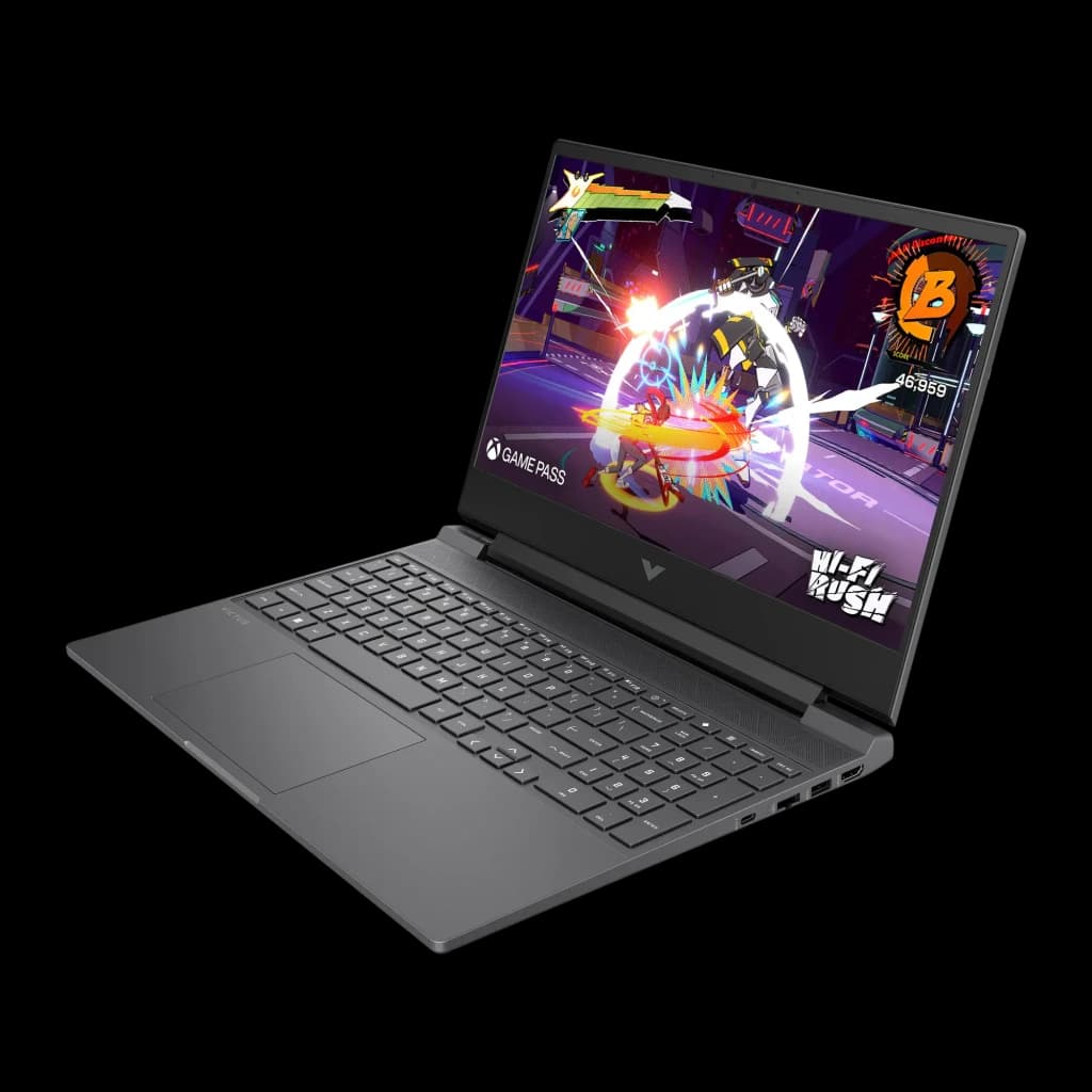 HP Victus Gaming 512GB negro, vista lateral izquierda: ángulo tres cuartos, teclado, touchpad y puertos derechos visibles