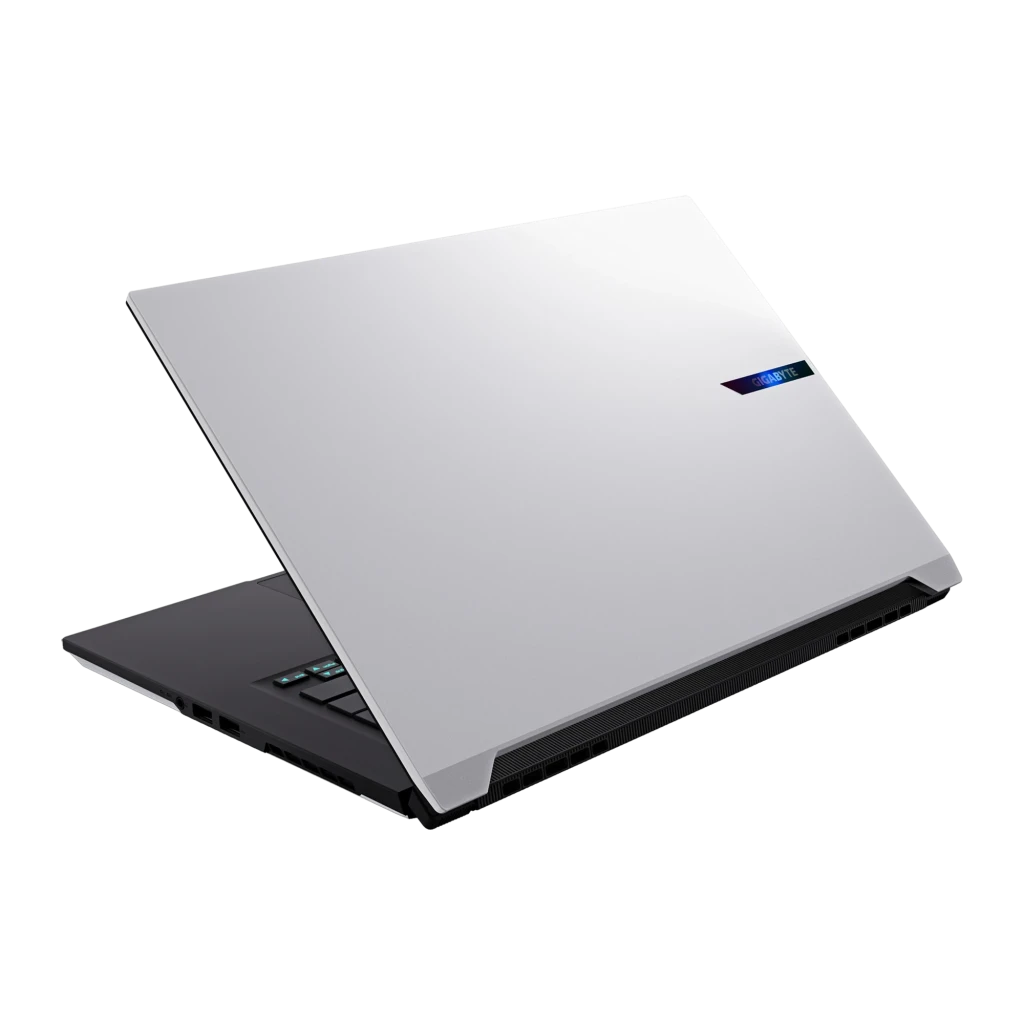 GIGABYTE AERO X16 1TB Lunar White, vista frontal: ecrã QHD 165Hz com logos RTX e Ryzen AI, teclado RGB visível - Item2