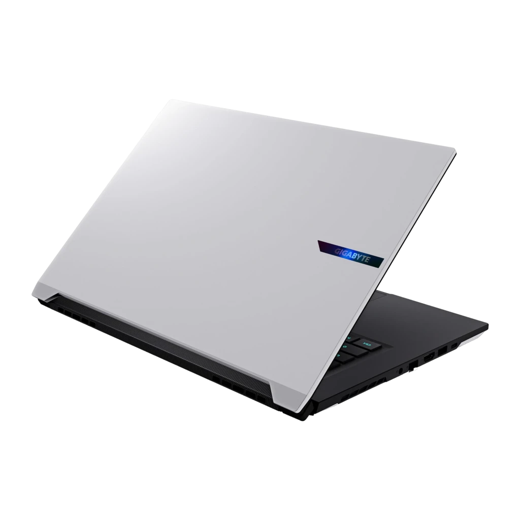 GIGABYTE AERO X16 1TB Lunar White, vista frontal: ecrã QHD 165Hz com logos RTX e Ryzen AI, teclado RGB visível - Item3