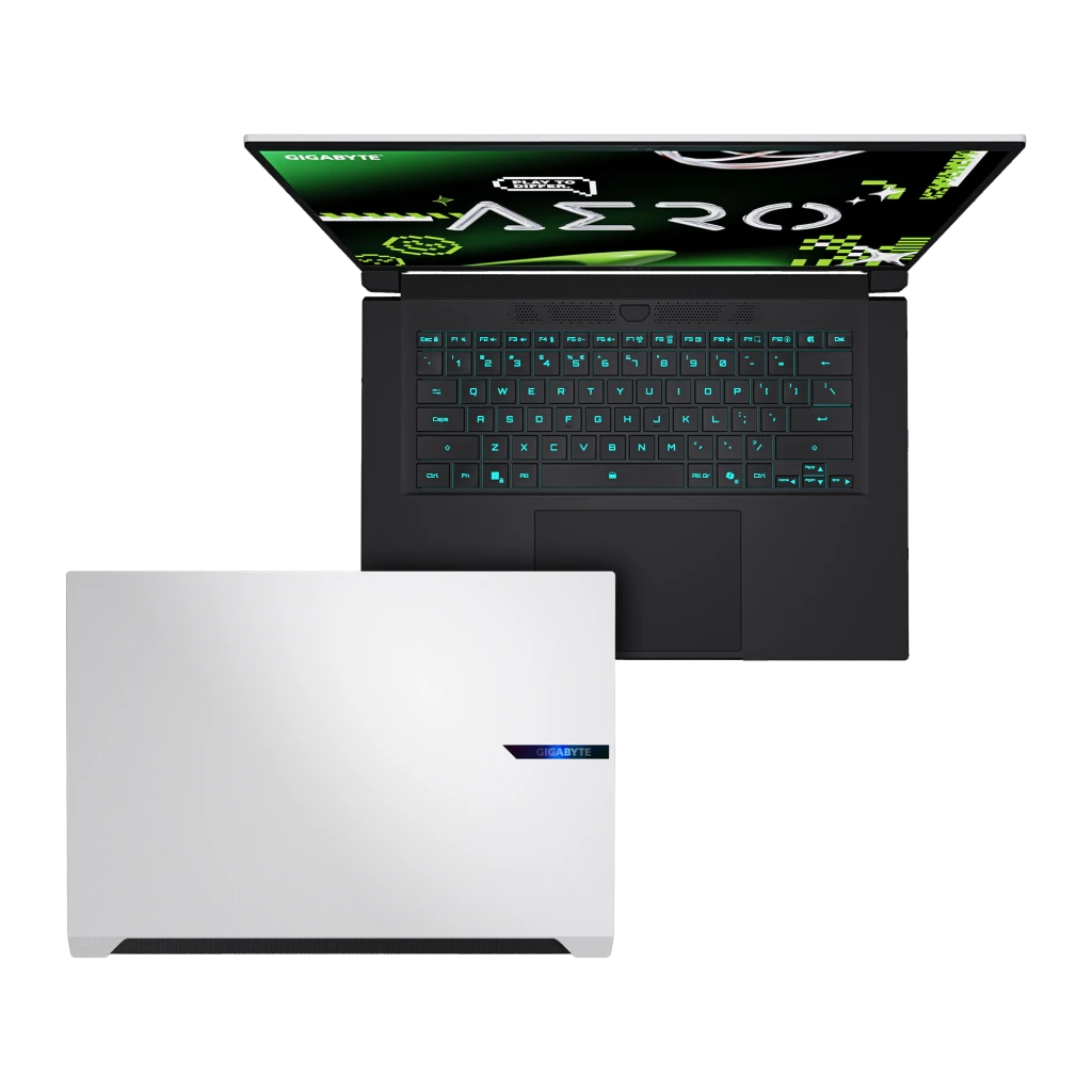 GIGABYTE AERO X16 1TB Lunar White, vista frontal: ecrã QHD 165Hz com logos RTX e Ryzen AI, teclado RGB visível - Item5