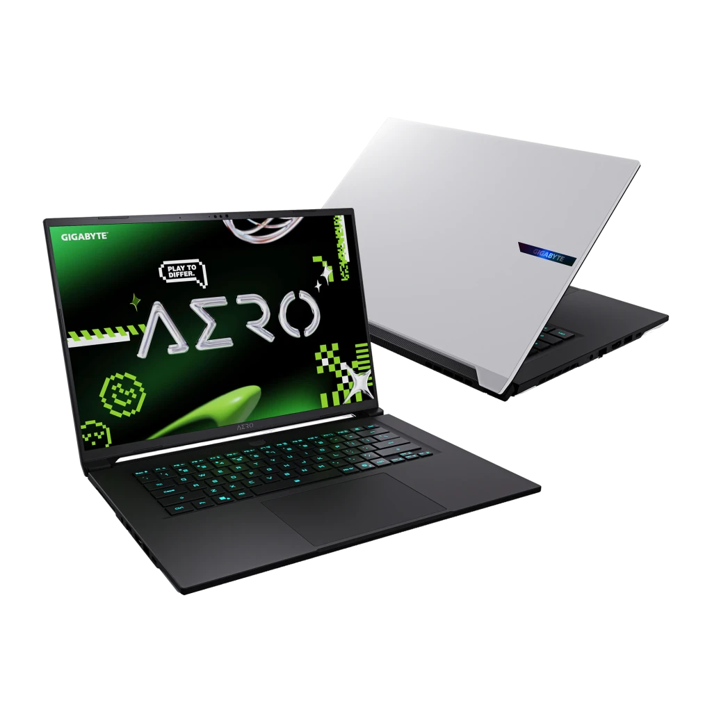 GIGABYTE AERO X16 1TB Lunar White, vista frontal: ecrã QHD 165Hz com logos RTX e Ryzen AI, teclado RGB visível - Item6