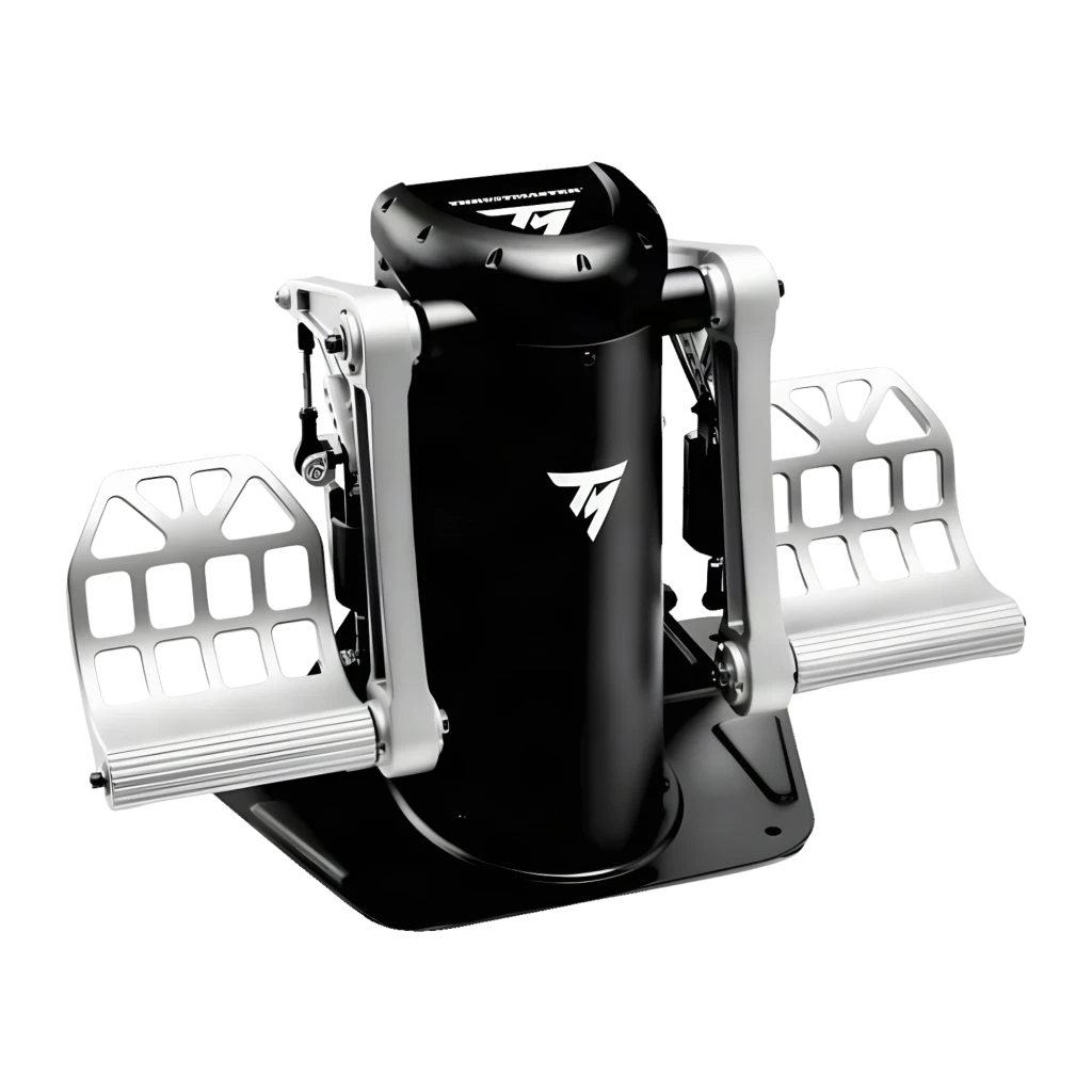 Thrustmaster TPR Pendular Rudder preto prata, vista frontal: pedais de alumínio prateado, corpo central preto com logo T - Item3