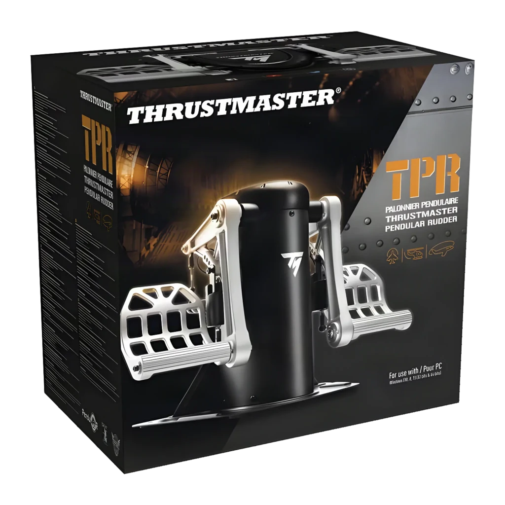 Thrustmaster TPR Pendular Rudder preto prata, vista frontal: pedais de alumínio prateado, corpo central preto com logo T - Item6