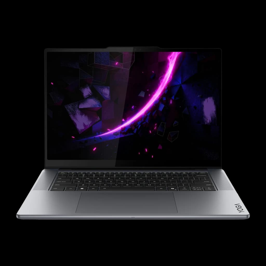 Lenovo Yoga Pro 7 15IPH11 1000GB Gris, vue de face: écran 15,3" avec fond néon violet, clavier et logo Yoga visibles