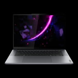 Lenovo Yoga Pro 7 15IPH11 1000GB Gris, vue de face: écran 15,3" avec fond néon violet, clavier et logo Yoga visibles