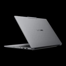Lenovo Yoga Pro 7 15IPH11 1TB gris, vue arrière angle gauche: couvercle avec logo Lenovo et ports USB latéraux gauches