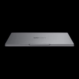 Lenovo Yoga Pro 7 15IPH11 1TB gris, vue latérale fermé: profil plat avec logo Lenovo inversé et charnière centrale visible