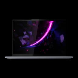 Lenovo Yoga Pro 7 15IPH11 1TB Gris, vue de face: écran allumé avec fond sombre et arc de lumière magenta