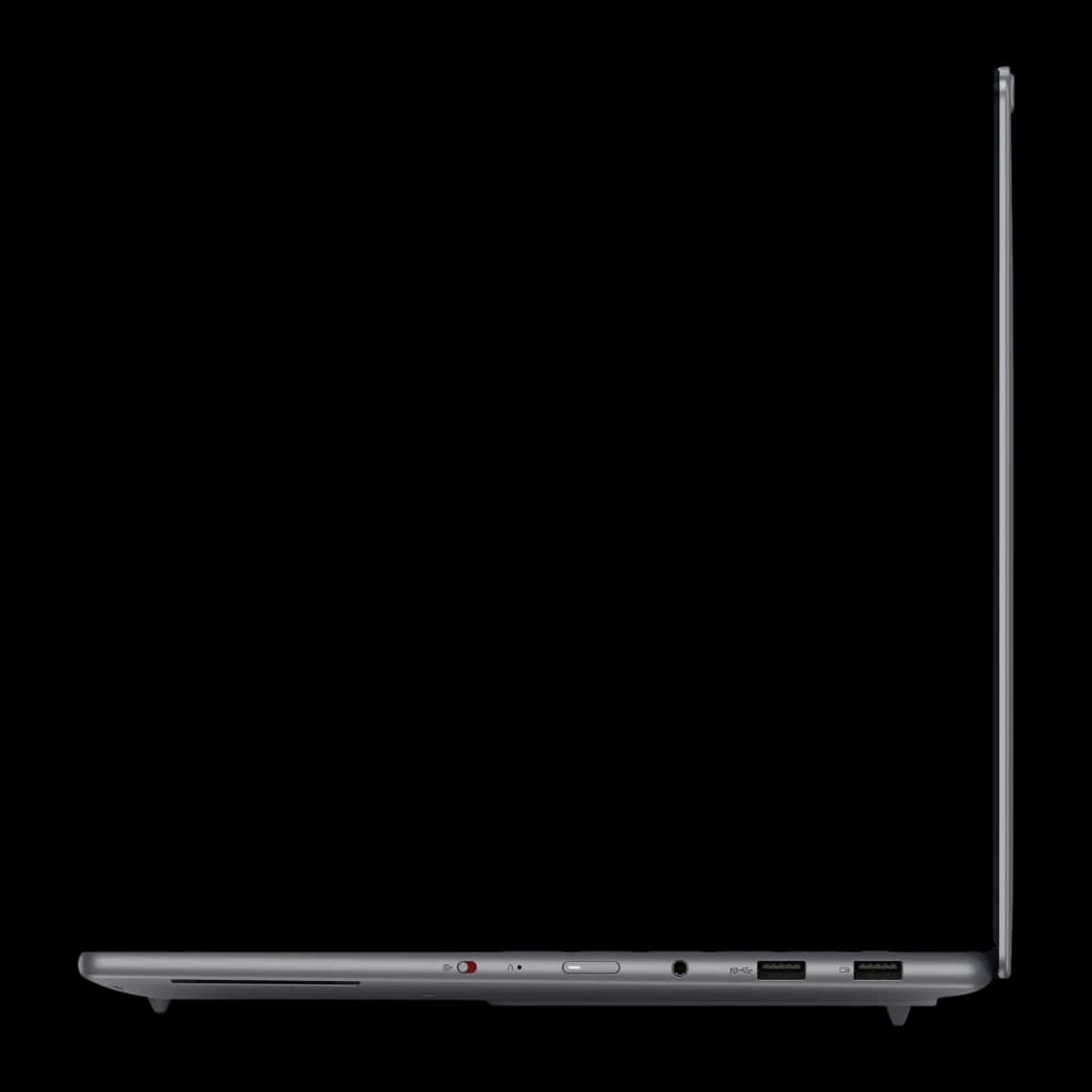 Lenovo Yoga Pro 7 15IPH11 1TB Gris, vue latérale droite: ports USB, jack audio, bouton d'alimentation et profil fin