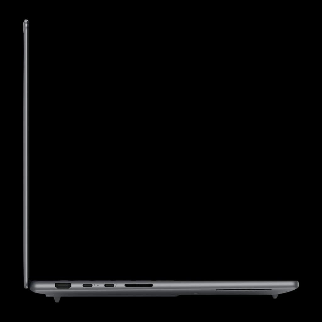 Lenovo Yoga Pro 7 15IPH11 1TB Gris, vue latérale: profil fin ouvert avec ports USB-C, HDMI et lecteur SD visibles