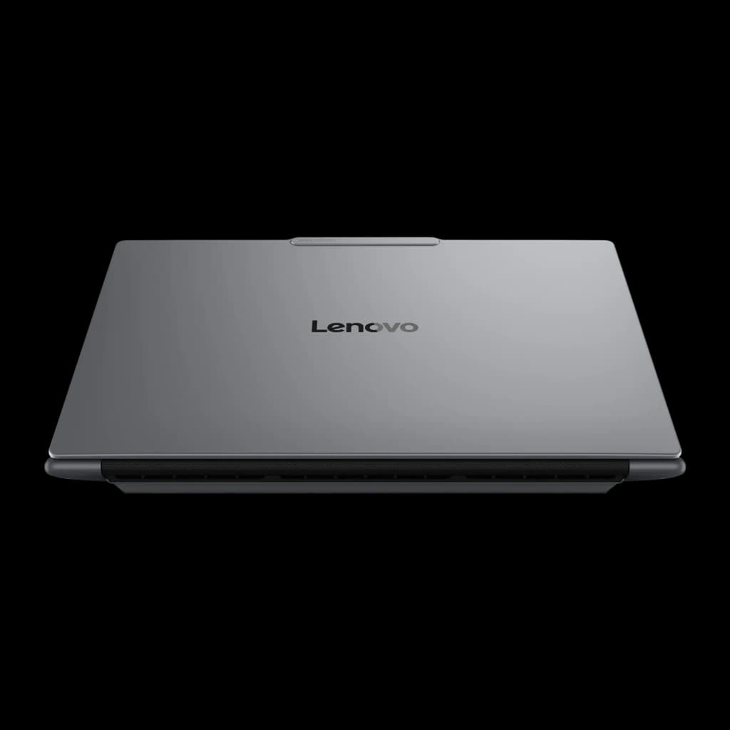 Lenovo Yoga Pro 7 15IPH11 1TB Gris, vue du dessus: couvercle fermé avec logo Lenovo centré et charnière arrière