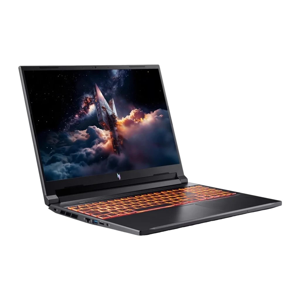 Acer ANV16-42-R5WQ 512GB preto, vista frontal: ecrã com wallpaper galáctico e teclado retroiluminado laranja - Item1