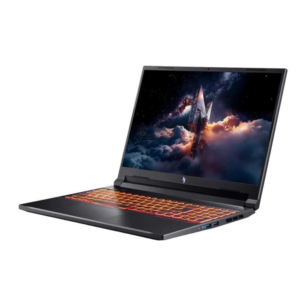 Acer ANV16-42-R5WQ 512GB preto, vista frontal: ecrã com wallpaper galáctico e teclado retroiluminado laranja - Item2
