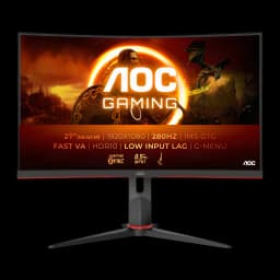 AOC C27G2Z3/BK 27" Full HD noir, vue avant: écran incurvé avec scène gaming AOC et pied avec accent rouge