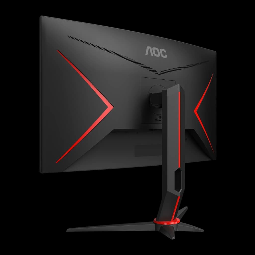 AOC C27G2Z3/BK 27" Full HD noir, vue arrière angle gauche: panneau incurvé, décoration rouge en X et base avec anneau rouge