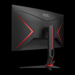 AOC C27G2Z3/BK 27" Full HD noir, vue arrière angle gauche: panneau incurvé, décoration rouge en X et base avec anneau rouge
