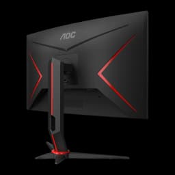AOC C27G2Z3/BK 27" Full HD noir, vue arrière angle droit: courbure du panneau et pied ajustable avec accent rouge visible
