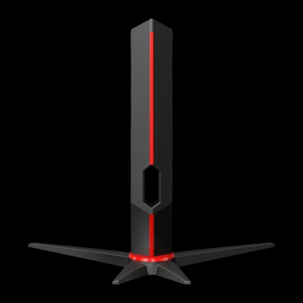 AOC C27G2Z3/BK 27" Full HD noir, détail du pied: colonne noire avec bande rouge centrale, base en croix et anneau rouge