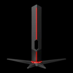 AOC C27G2Z3/BK 27" Full HD noir, détail du pied: colonne noire avec bande rouge centrale, base en croix et anneau rouge