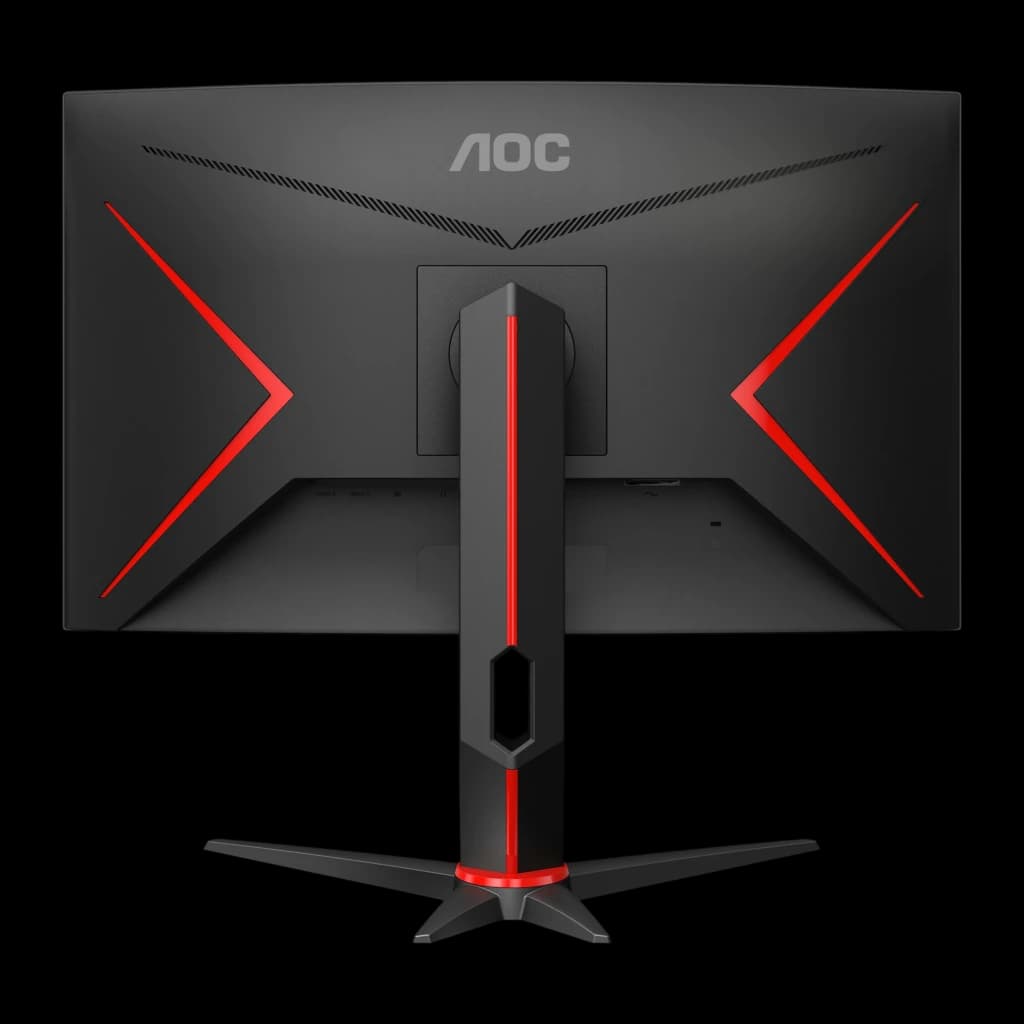 AOC C27G2Z3/BK 27" Full HD noir, vue arrière: design gaming avec accents rouges en X et colonne avec bande rouge