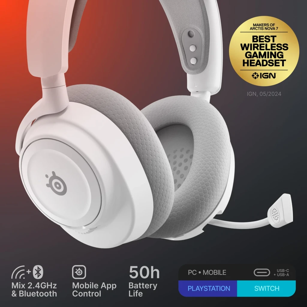 SteelSeries Arctis Nova 7 Wireless Gen 2 blanco, vista lateral: auriculares con logo y receptor USB-C incluido - Ítem1