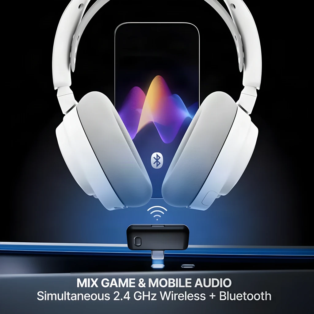 SteelSeries Arctis Nova 7 Wireless Gen 2 blanco, vista lateral: auriculares con logo y receptor USB-C incluido - Ítem2