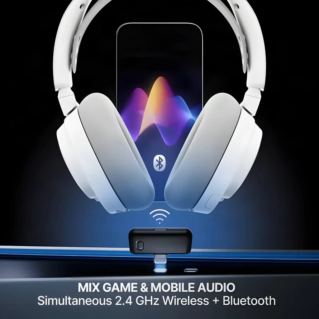 SteelSeries Arctis Nova 7 Wireless Gen 2 blanco, vista frontal: auriculares con dongle USB y smartphone mostrando conexión