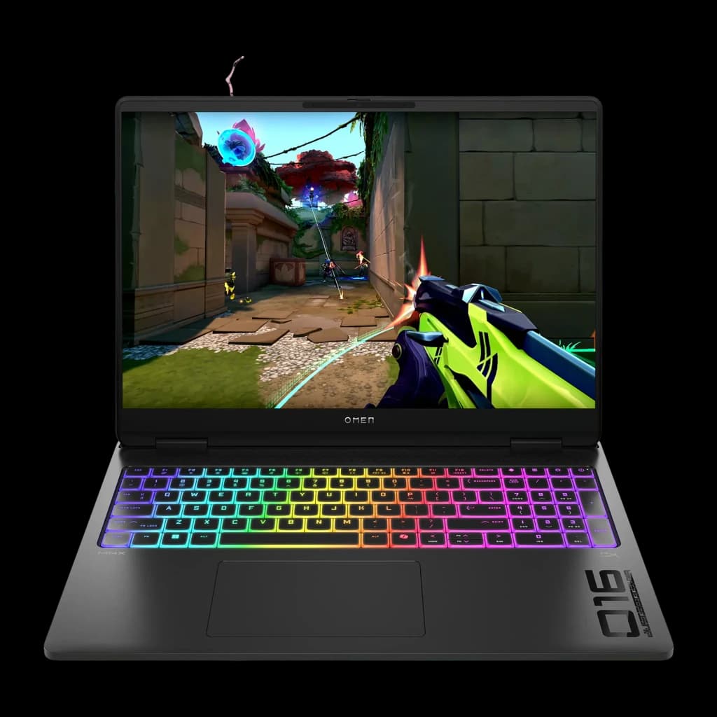 HP OMEN MAX Gaming 16 1000GB noir, vue de face: écran avec jeu FPS et clavier RGB multicolore rétroéclairé