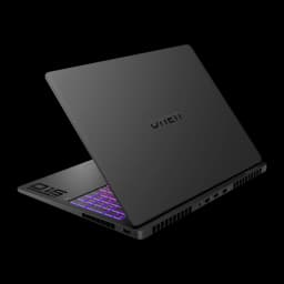 HP OMEN MAX Gaming 16 1TB noir, vue arrière 3/4: couvercle avec logo OMEN, clavier RGB violet et grilles de ventilation