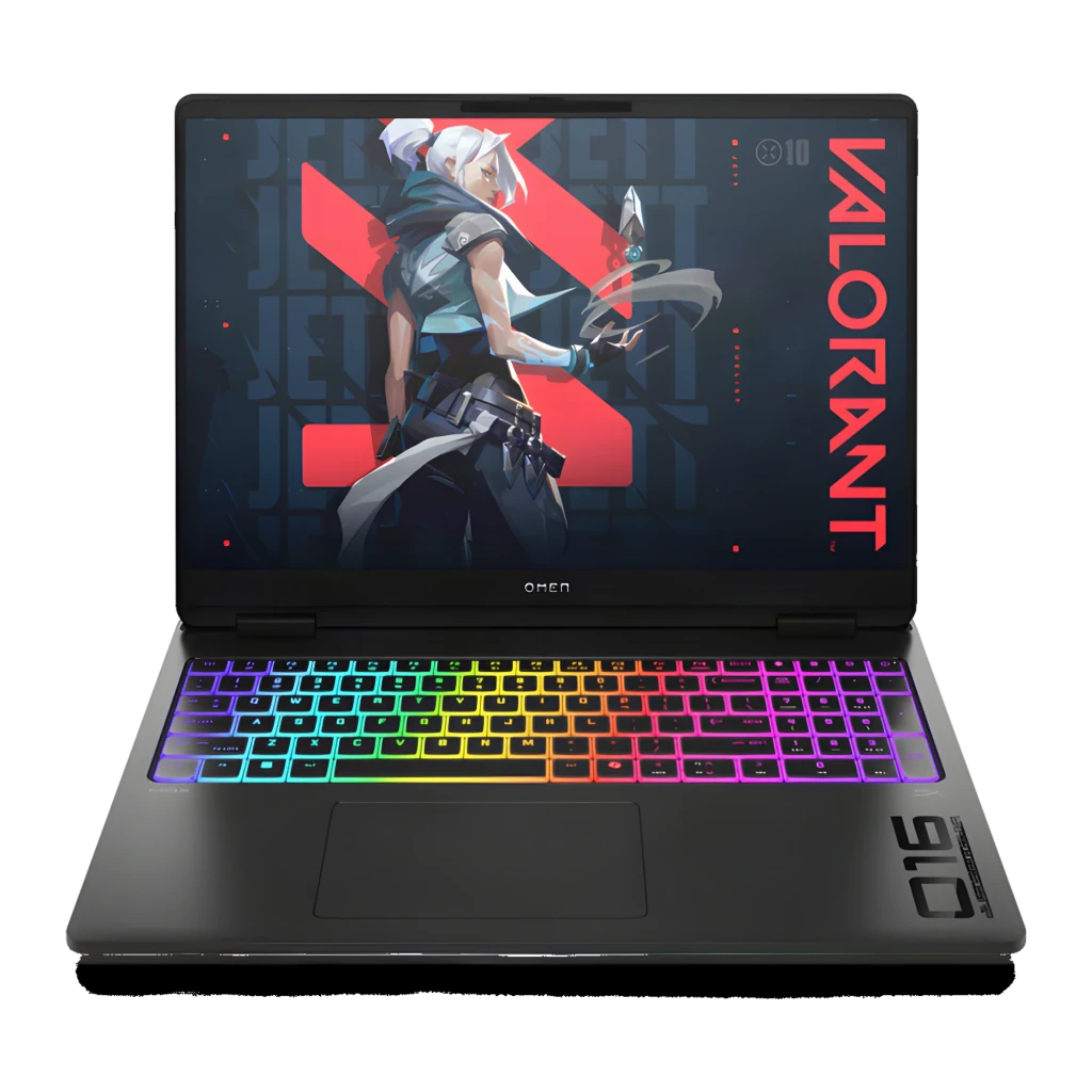 HP OMEN MAX Gaming 16 1000GB preto, vista frontal: ecrã com jogo FPS e teclado RGB multicolor iluminado - Item3