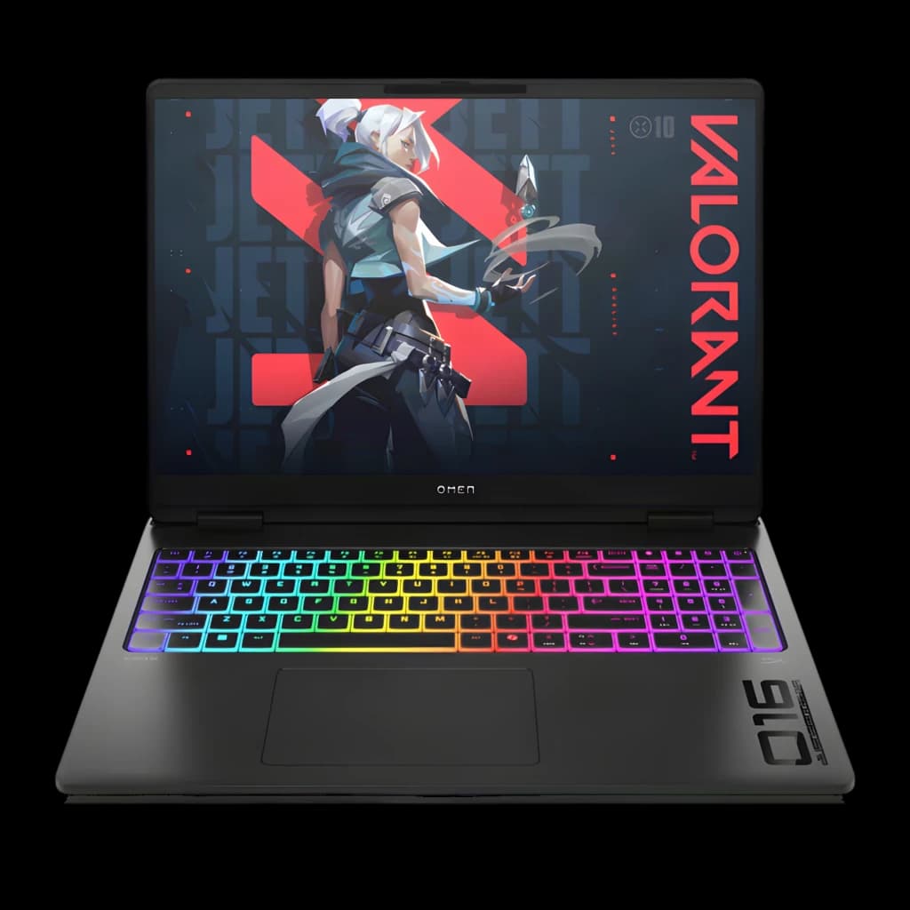 HP OMEN MAX Gaming 16 1TB noir, vue avant ouverte: clavier RGB multicolore et écran avec artwork Valorant