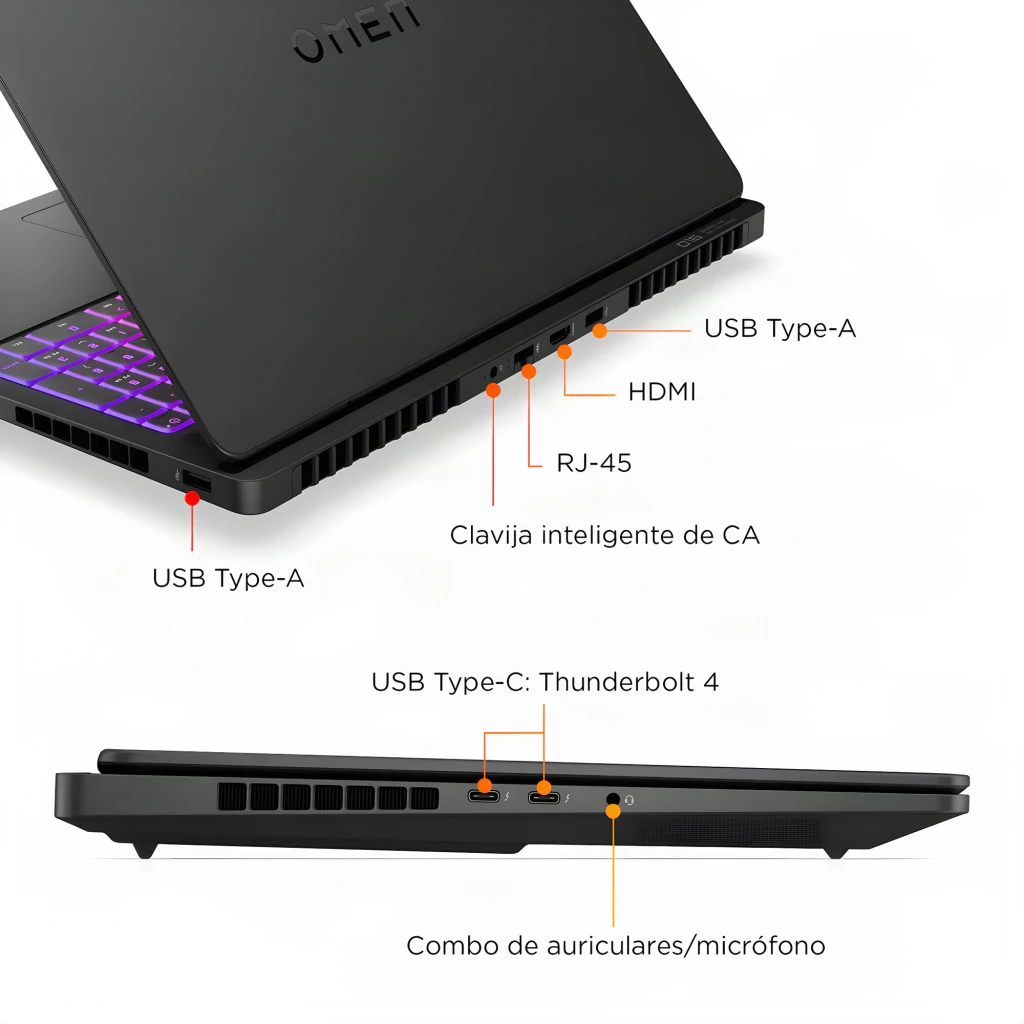HP OMEN MAX Gaming 16 1000GB preto, vista frontal: ecrã com jogo FPS e teclado RGB multicolor iluminado - Item4