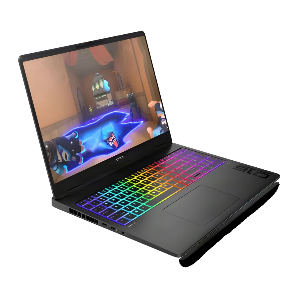 HP OMEN MAX Gaming 16 1000GB preto, vista frontal: ecrã com jogo FPS e teclado RGB multicolor iluminado - Item5