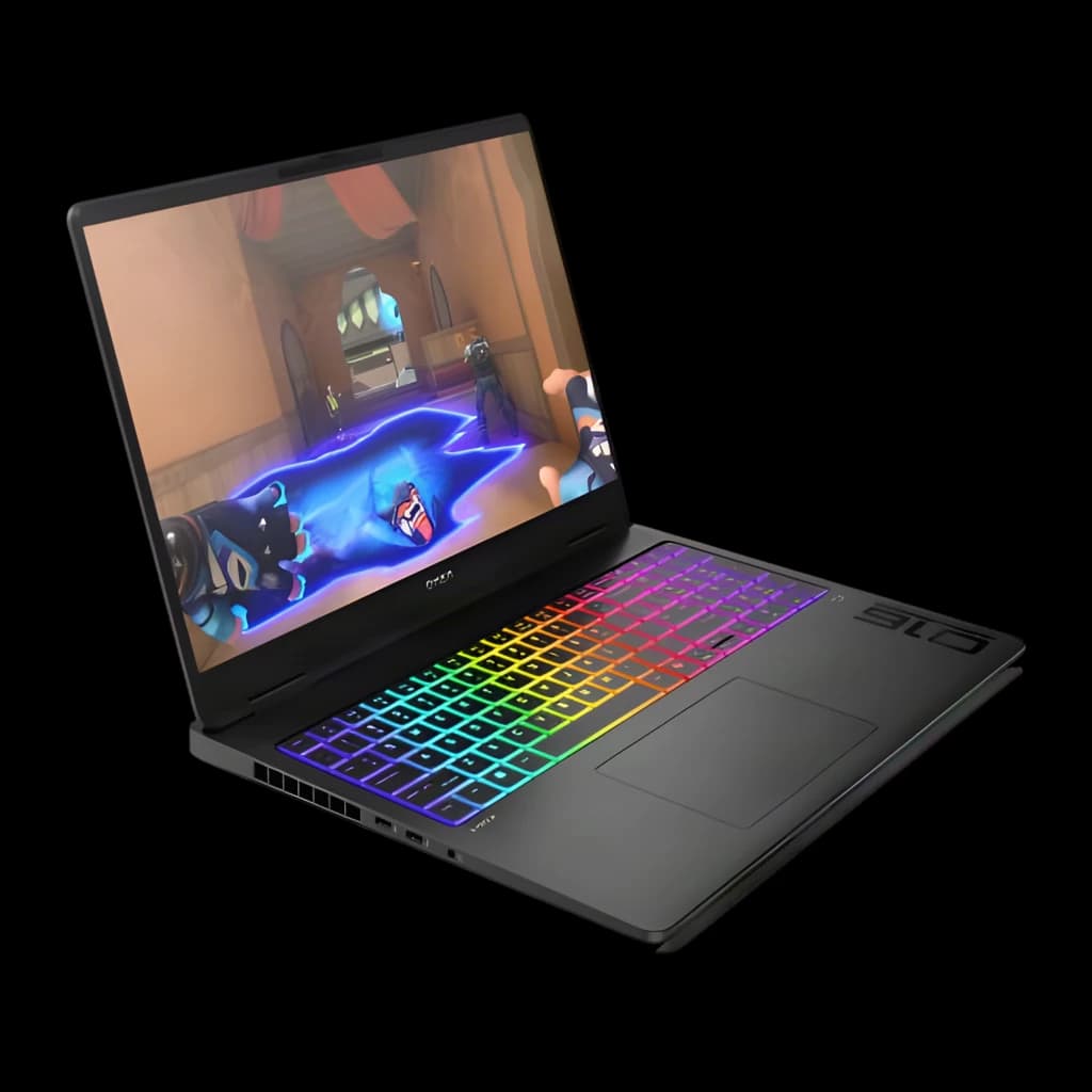 HP OMEN MAX Gaming 16 1000GB noir, vue en angle: clavier RGB multicolore allumé et écran avec jeu vidéo