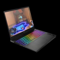 HP OMEN MAX Gaming 16 1000GB noir, vue en angle: clavier RGB multicolore allumé et écran avec jeu vidéo